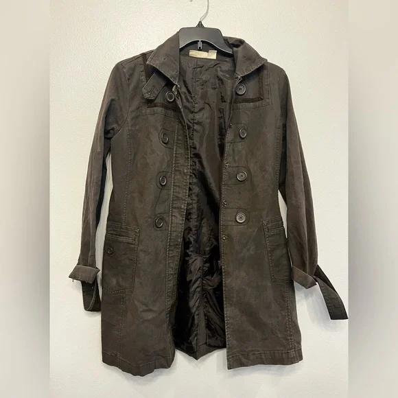 DKNY Dark Brown Military Style Double Breasted Trench Coat Size Medium - Picture 2 of 9